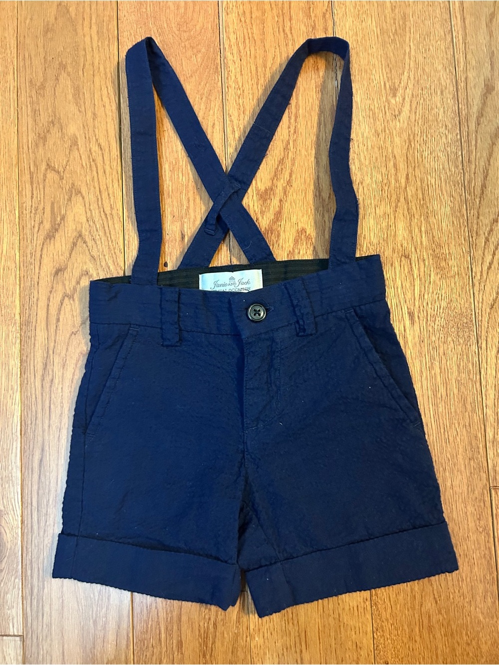Janie and Jack Special Occasion Suspender Shorts 3-6M Navy Seersucker EUC